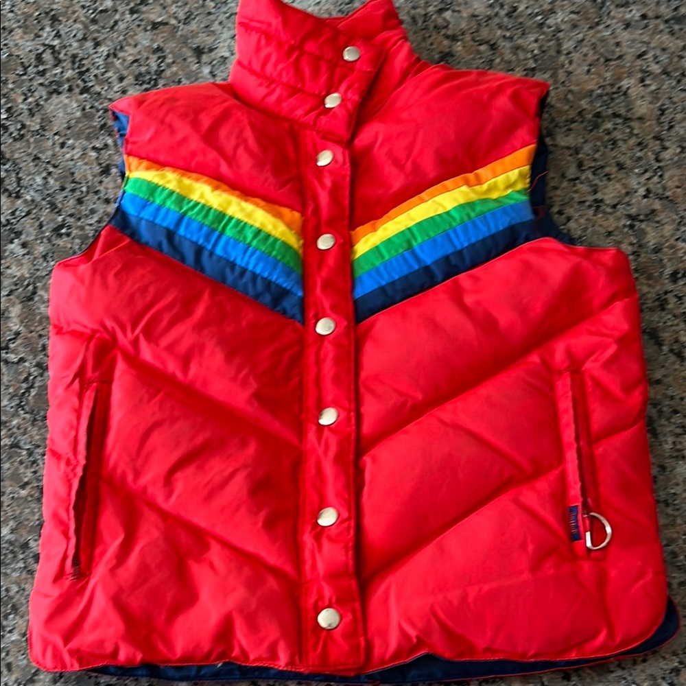 Red and Blue Quilted Puffer Vest with Chevron Stitching. Vintage 70’s.